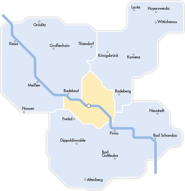 Eine Karte, die verschiedene Ausflugsziele in der Region um Dresden zeigt